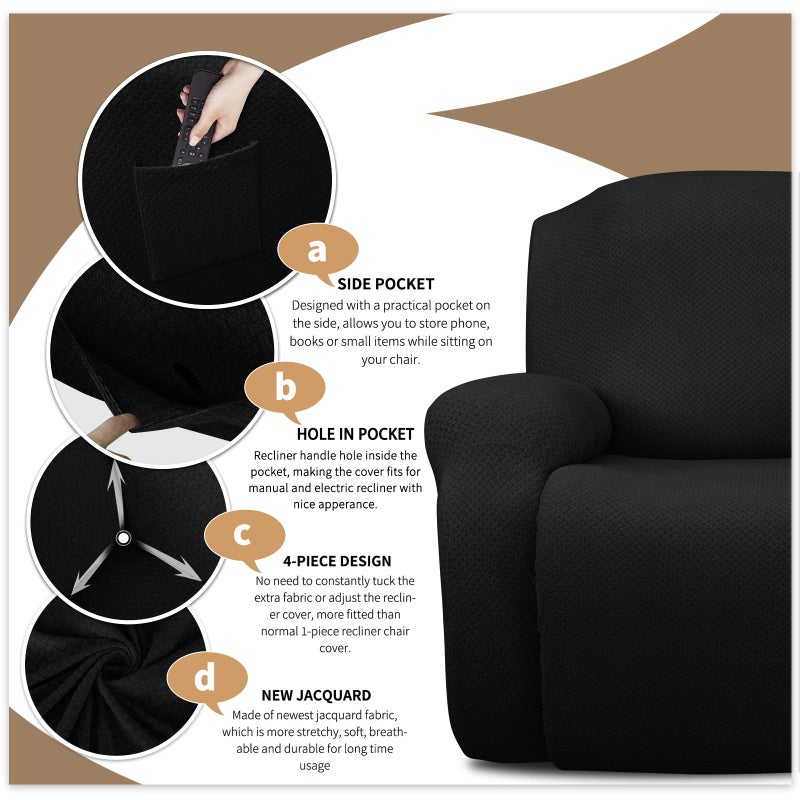 JIVINER Oversized Recliner Chair Covers 4 Piece Stretch Lazy Boy Recliner Sofa Slipcover Jacquard Large Recliner Covers with Elastic Bottom Soft Furniture Protector (XL Recliner Black) - Image 3